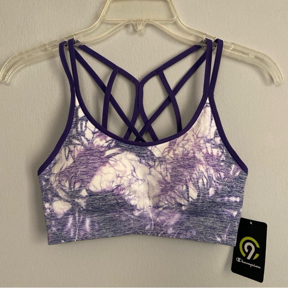 NWT CHAMPION Purple Yoga Strappy Cut Out Tie Dye Padded Sports Bra S/M